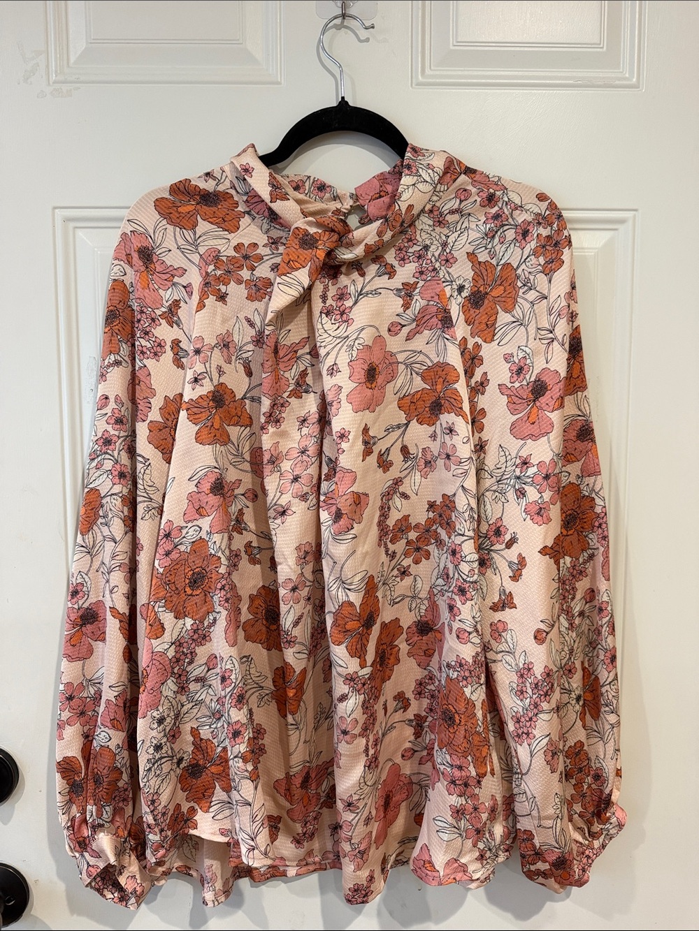 Liz Claiborne Pink and Rust Floral Tie-Neck Blouse